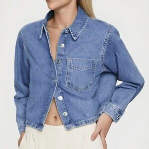 Zara - Denim Stonewashed Button Long Sleeve Crop Jean Shirt Size Small